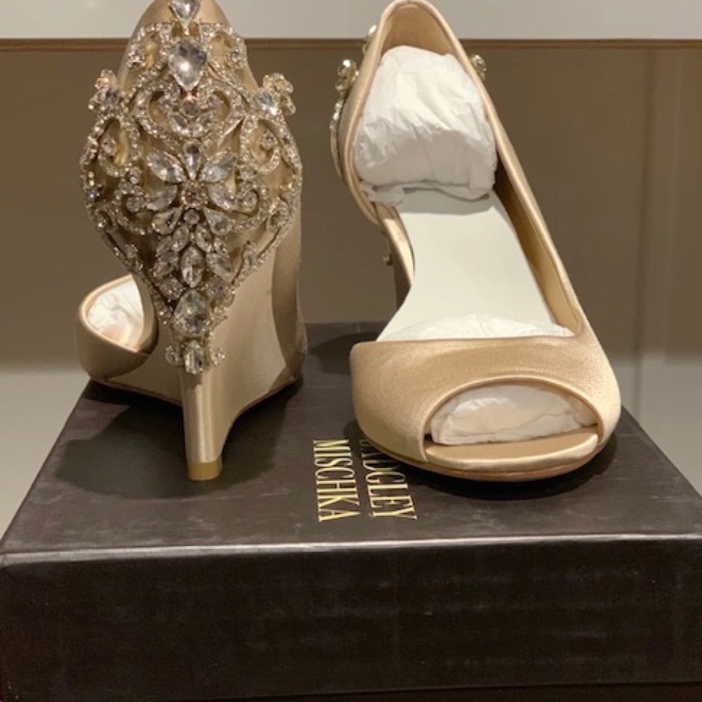 Badgley Mischka "Meagan" Nude Satin Wedges in 6.5